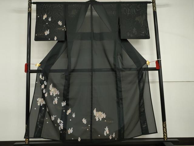 平和屋着物＊夏物　訪問着　絽　御所車人物風景文　黒地　金彩　洗える着物　AABI9780cs