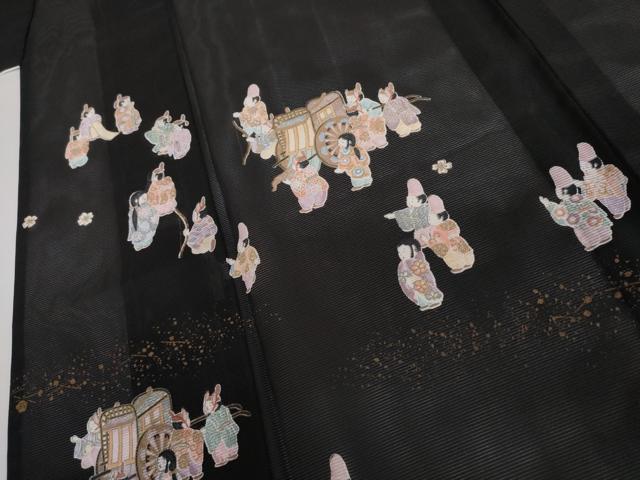 平和屋着物＊夏物　訪問着　絽　御所車人物風景文　黒地　金彩　洗える着物　AABI9780cs