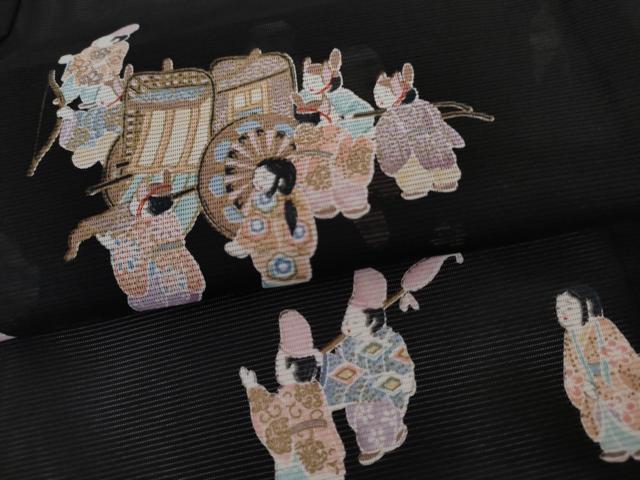 平和屋着物＊夏物　訪問着　絽　御所車人物風景文　黒地　金彩　洗える着物　AABI9780cs