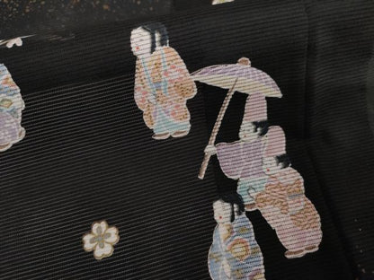 平和屋着物＊夏物　訪問着　絽　御所車人物風景文　黒地　金彩　洗える着物　AABI9780cs