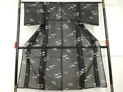 平和屋着物＊夏物　小紋　絽　重ね山文　黒地　洗える着物　未使用　AABI9787cs