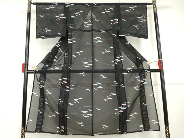 平和屋着物＊夏物　小紋　絽　重ね山文　黒地　洗える着物　未使用　AABI9787cs