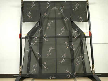 平和屋着物＊夏物　小紋　絽　枝花文　黒地　洗える着物　AABI9793cs
