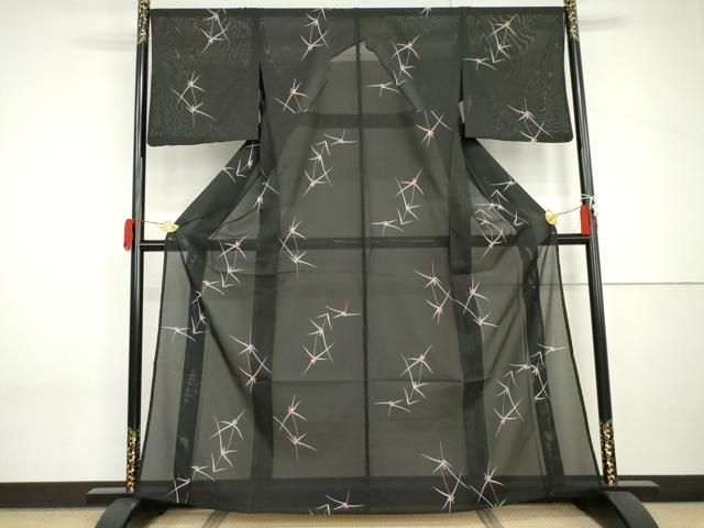 平和屋着物＊夏物　小紋　絽　枝花文　黒地　洗える着物　AABI9793cs