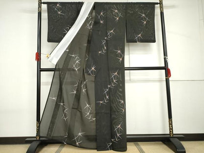 平和屋着物＊夏物　小紋　絽　枝花文　黒地　洗える着物　AABI9793cs