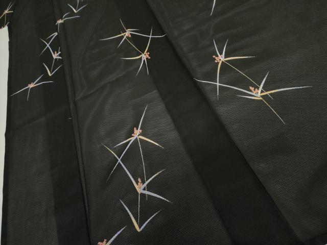 平和屋着物＊夏物　小紋　絽　枝花文　黒地　洗える着物　AABI9793cs