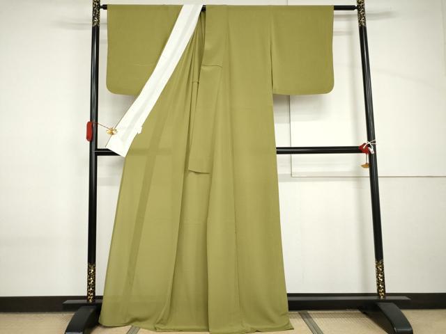 平和屋着物＊夏物　色無地　絽縮緬　青丹色　洗える着物　AABI9794cs