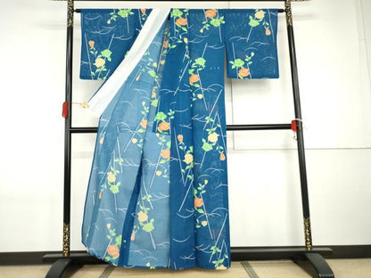 平和屋着物＊夏物　小紋　ろ　枝花文　薔薇　バラ　洗える着物　AABI9799cs