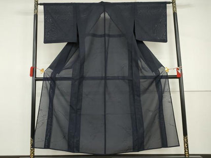 平和屋着物＊夏物　色無地　絽　流水紋紗　濃藍色　正絹　逸品　AABI9804cs