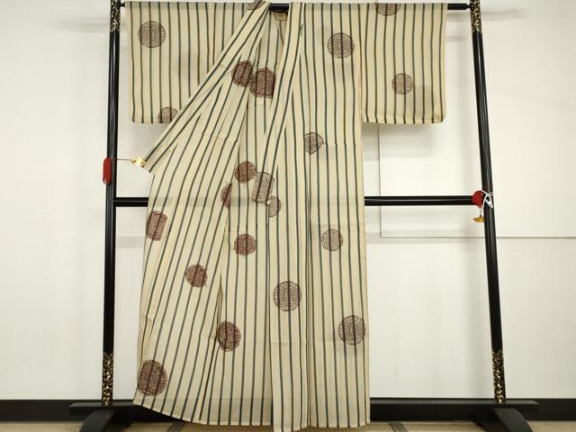 平和屋着物＊夏物　お召　花絵皿文　正絹　逸品　AABI9807cs