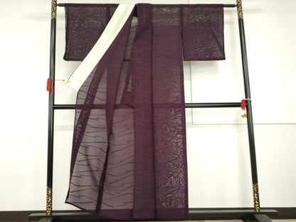 平和屋着物＊夏物　色無地　紗　幾何学紋紗　茄子紺色　正絹　逸品　AABI9809cs