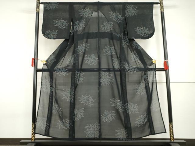 平和屋着物＊夏物　紗紬　舞花文　濃紺地　正絹　逸品　AABI9811cs