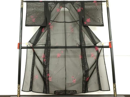平和屋着物＊夏物　小紋　紗　枝花文　黒地　正絹　逸品　未使用　AABI9812cs