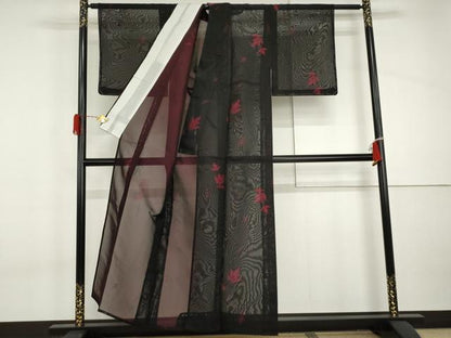 平和屋着物＊夏物　小紋　紗　枝花文　黒地　正絹　逸品　未使用　AABI9812cs