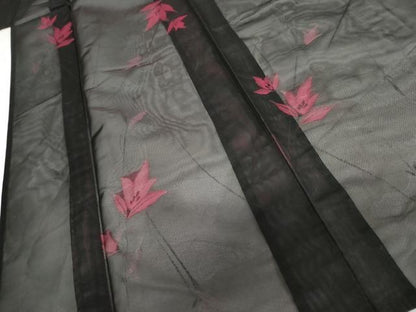 平和屋着物＊夏物　小紋　紗　枝花文　黒地　正絹　逸品　未使用　AABI9812cs