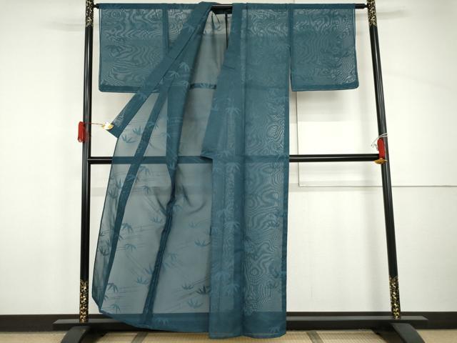 平和屋着物＊夏物　色無地　紗　笹竹文　花浅葱色　洗える着物　未使用　AABI9815cs
