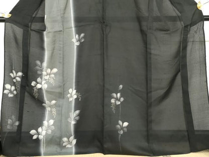 平和屋着物＊夏物　訪問着　紗紬　枝葉文　黒地　金彩　正絹　逸品　AABI9822cs