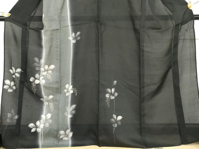 平和屋着物＊夏物　訪問着　紗紬　枝葉文　黒地　金彩　正絹　逸品　AABI9822cs