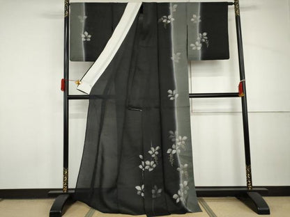 平和屋着物＊夏物　訪問着　紗紬　枝葉文　黒地　金彩　正絹　逸品　AABI9822cs