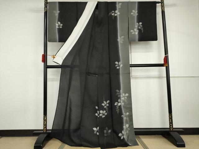 平和屋着物＊夏物　訪問着　紗紬　枝葉文　黒地　金彩　正絹　逸品　AABI9822cs