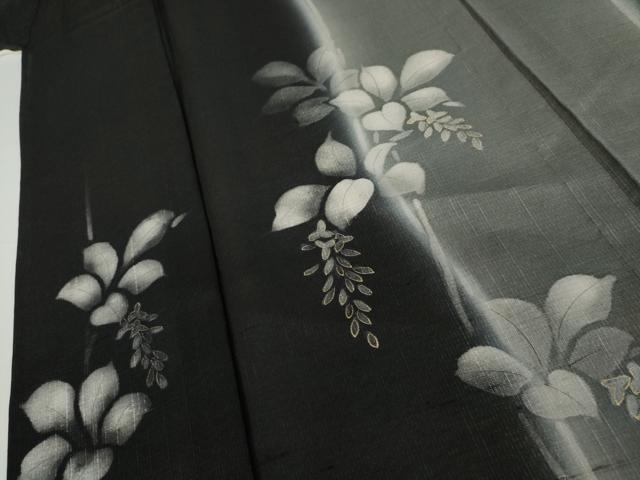 平和屋着物＊夏物　訪問着　紗紬　枝葉文　黒地　金彩　正絹　逸品　AABI9822cs