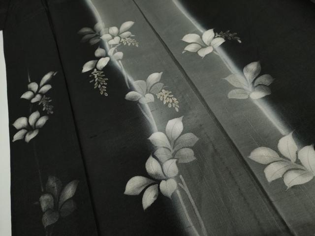 平和屋着物＊夏物　訪問着　紗紬　枝葉文　黒地　金彩　正絹　逸品　AABI9822cs