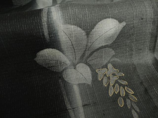 平和屋着物＊夏物　訪問着　紗紬　枝葉文　黒地　金彩　正絹　逸品　AABI9822cs