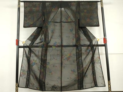 平和屋着物＊夏物　小紋　風通紗　枝花文　黒地　正絹　逸品　未使用　AABI9825cs
