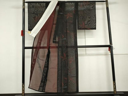 平和屋着物＊夏物　小紋　枝葉文　黒地　銀糸　正絹　逸品　未使用　AABI9828cs