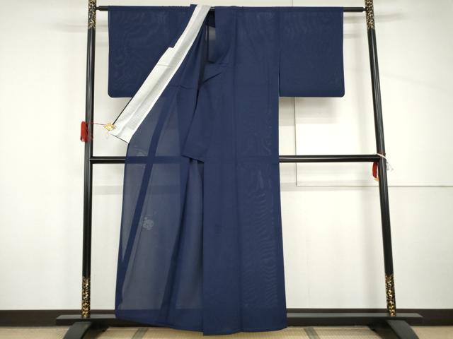平和屋着物＊夏物　色無地　鼓紋紗　深縹色　正絹　逸品　AABI9829cs