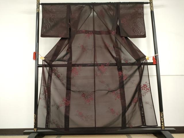 平和屋着物＊夏物　小紋　紗　枝花文　黒地　正絹　逸品　AABI9833cs