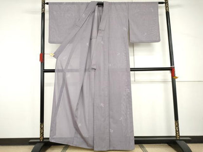 平和屋着物＊夏物　色無地　変わり絽　枝葉紋紗　藤紫色　正絹　逸品　AABI9834cs