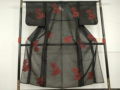 平和屋着物＊夏物　小紋　紗　草花文　黒地　正絹　逸品　未使用　AABI9839cs