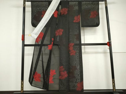 平和屋着物＊夏物　小紋　紗　草花文　黒地　正絹　逸品　未使用　AABI9839cs