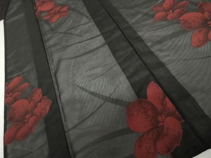 平和屋着物＊夏物　小紋　紗　草花文　黒地　正絹　逸品　未使用　AABI9839cs