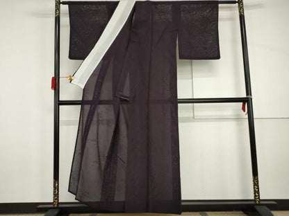 平和屋着物＊夏物　色無地　流水花紋紗　桑の実色　正絹　逸品　AABI9840cs