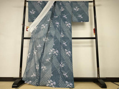 平和屋着物＊夏物　小紋　絽　草花文　洗える着物　AABI9848jd