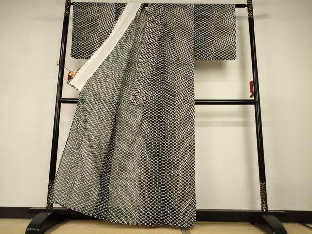 平和屋着物＊夏物 小紋 絽 菱文 黒地 洗える着物 AABI9872jd