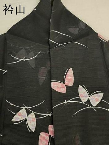 平和屋着物＊夏物 小紋 絽 芝花蝶文 黒地 洗える着物 AABI9885jd