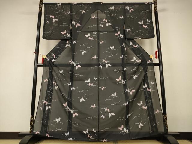 平和屋着物＊夏物 小紋 絽 芝花蝶文 黒地 洗える着物 AABI9885jd