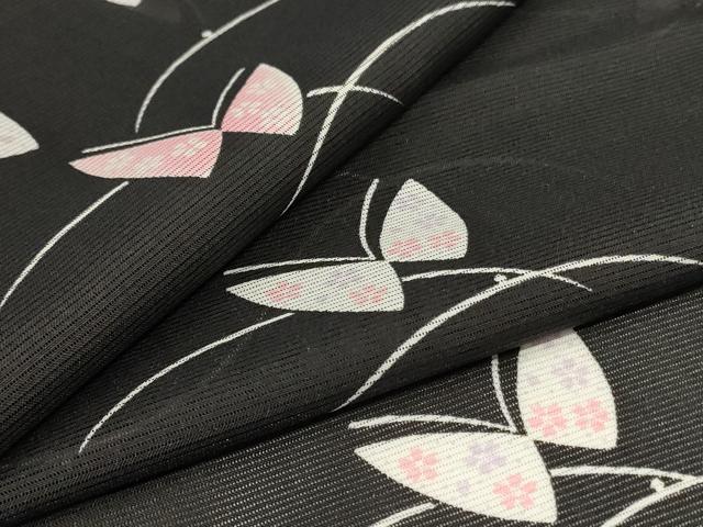 平和屋着物＊夏物 小紋 絽 芝花蝶文 黒地 洗える着物 AABI9885jd