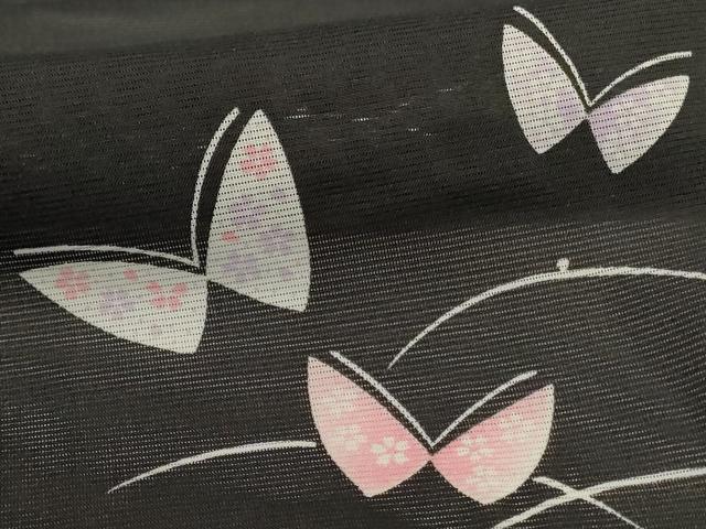 平和屋着物＊夏物 小紋 絽 芝花蝶文 黒地 洗える着物 AABI9885jd
