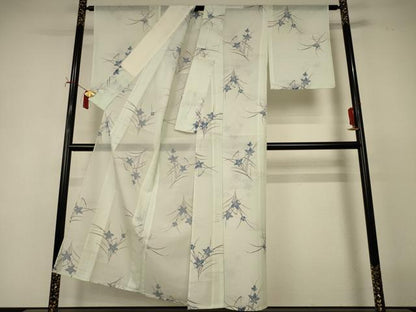 平和屋着物＊夏物 小紋 絽 草花文 銀彩 洗える着物 AABI9887jd