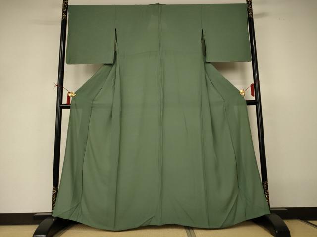 平和屋着物＊夏物　色無地　縦絽　老竹色　正絹　逸品　AABI9898jd