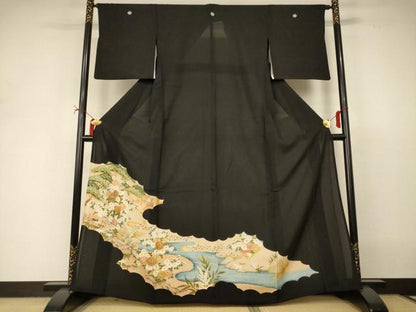 平和屋着物＊夏物　黒留袖　絽　駒刺繍　流水草花文　正絹　逸品　AABI9921jd