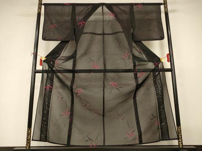 平和屋着物＊夏物　小紋　紗　流水笹竹文　黒地　正絹　逸品　AABI9930jd