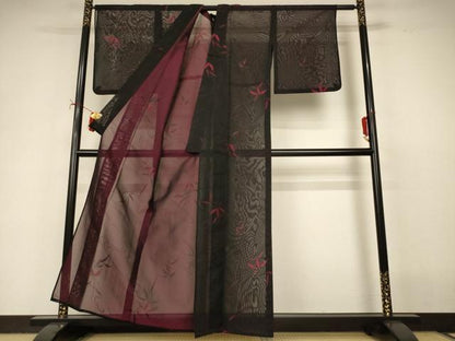 平和屋着物＊夏物　小紋　紗　流水笹竹文　黒地　正絹　逸品　AABI9930jd