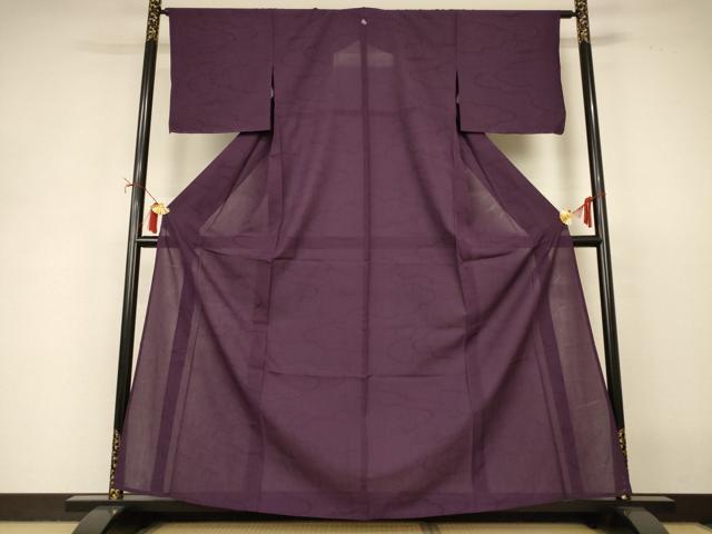 平和屋着物＊夏物　色無地　雲取り紋紗　似せ紫色　正絹　逸品　AABI9934jd