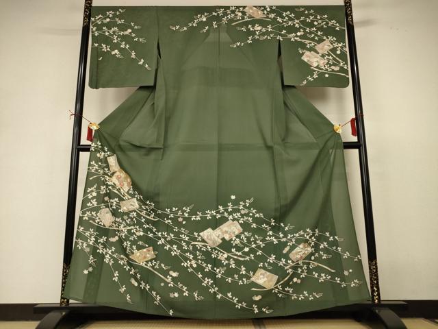 平和屋着物＊夏物　訪問着　絽　駒刺繍　冊子枝花文　正絹　逸品　AABI9936jd