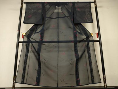 平和屋着物＊夏物　小紋　紗　枝葉文　正絹　逸品　AABI9945jd